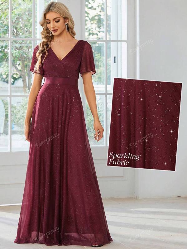 Surplice Neck Butterfly Sleeve Glitter Bridesmaid Dress