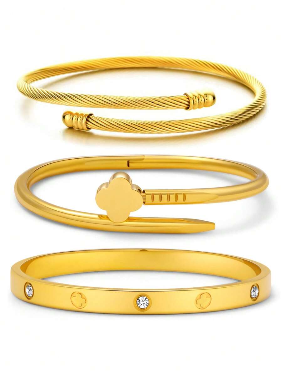 优雅时尚幸运光滑四叶草不锈钢女士手链套装，可分层佩戴或作为礼物 - 金黃色 - 查看 1