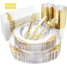 175 Pcs Transparent Gold Court Style Plastic Tableware Set, Suitable For 25 Guests, Including 25 Dinner Plates, 25 Dim Sum Plates, 75 Knives, Forks, Spoons, 25 Cups, 25 Napkins, . Very Suitable For Weddings And Parties - Transparent Gold - View 3