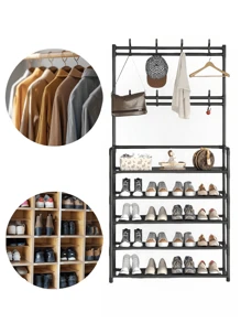 1 Piece Stainless Steel Shoe Rack, Shoe Rack With Coat Rack, Coat Rack, Storage Cabinet, Storage Shelf For Hallway, Bedroom, Bathroom, Office, Shoe Rack - Black - View 3
