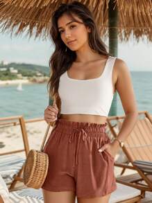 hoteel Pantalones cortos de lino para mujer, informales, de cintura alta, con pierna ancha y cordón - rojo anaranjado - Ver 3