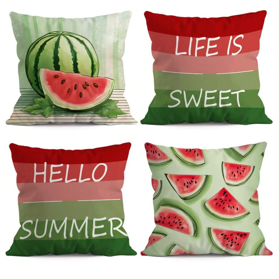 4er Set Kissenbezüge mit Wassermelonen Muster, einseitiger Muster, Sommer