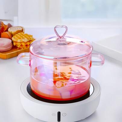 Fashionable Pink Heart-Shaped Glass Noodle Pot, Equipped With Ergonomic Double Handles And Safety Cover, Multifunctional Cooking Soup Pot, Cooking Pot, Serving And Storing Noodles, Soup, Salad, Transparent Multifunctional Stew Pot, High-Quality Cooking Pot That Retains Nutrients, And Beautifully Designed Kitchen Essential Tools, 1500ml