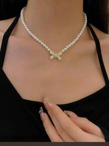 3 Pcs Faux Pearl Bowknot Necklace And Earring Set, Delicate French Style Necklace, Luxury Choker For Women, Ideal Gift For Girlfriend - Butterfly - View 2