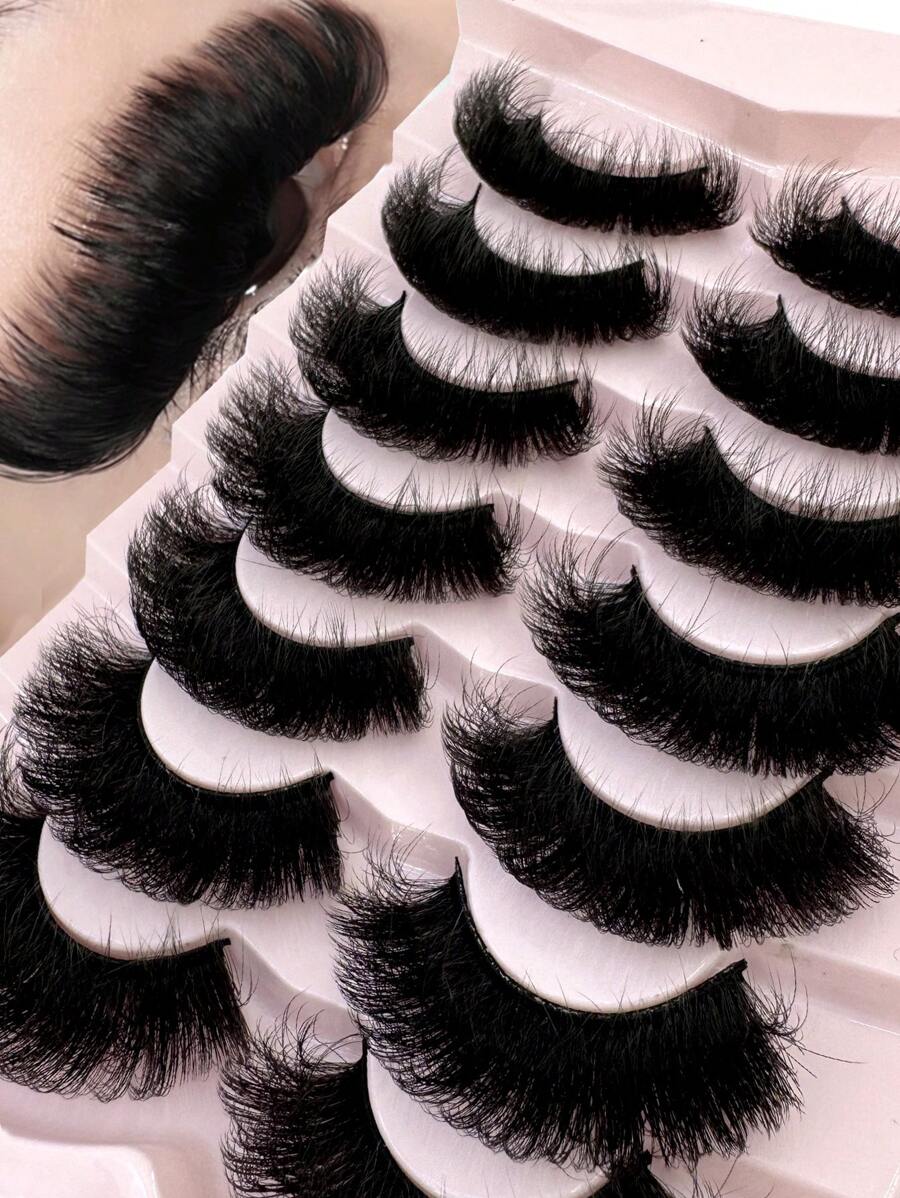 Long Lashes!7 Pairs Extension Thick Long Reusable Extended Makeup Lashes 9D Faux Mink False Eyelashes, Multi-Layered Curly & Fluffy, Soft & Voluminous Drama Messy Mink Lashes, Cat Eye Shape, 18-25mm Ultra Long & Dense, Handmade Suitable For Beginners, Comfortable & Versatile For Holidays & Parties - 黑色 - 查看 1