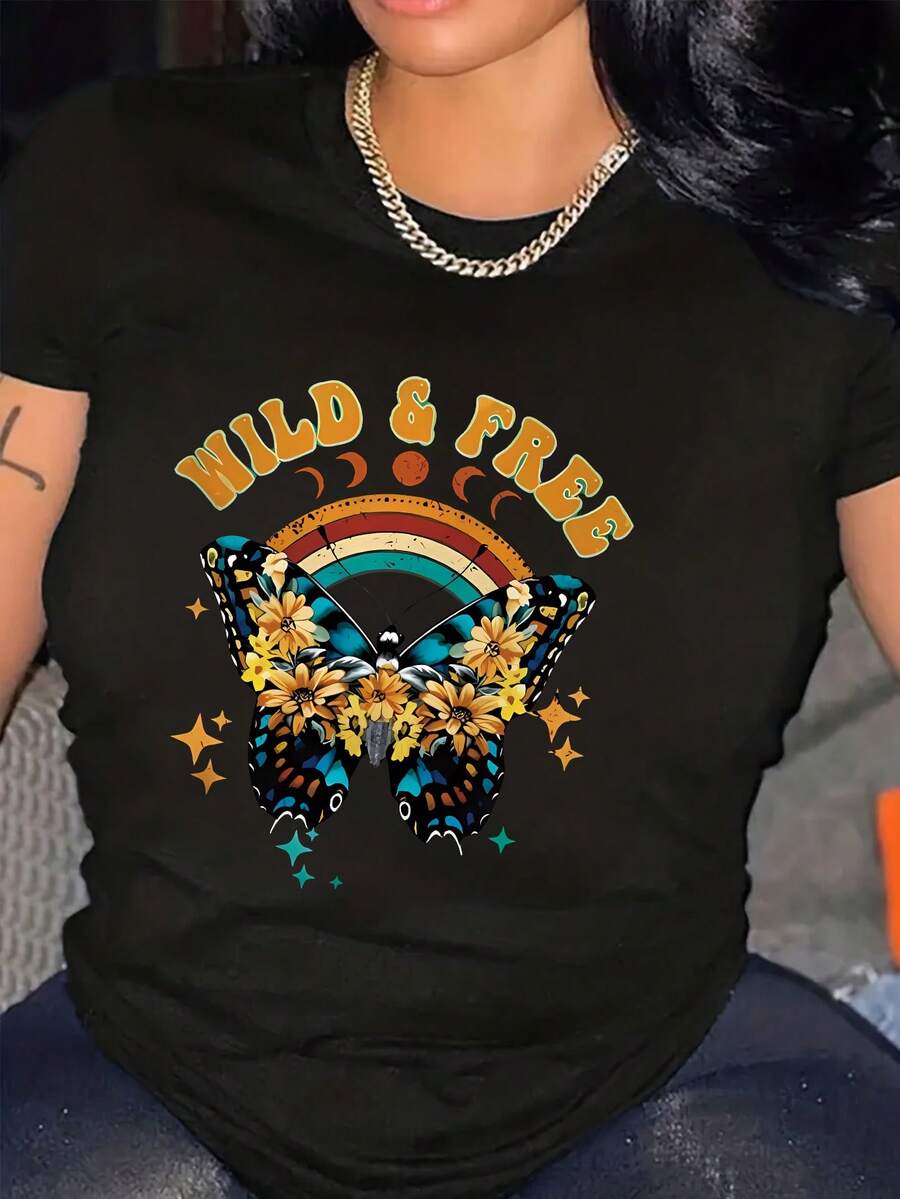 Camiseta de manga corta de talla grande, de unicolor y versátil de estilo casual - Negro - Ver 1