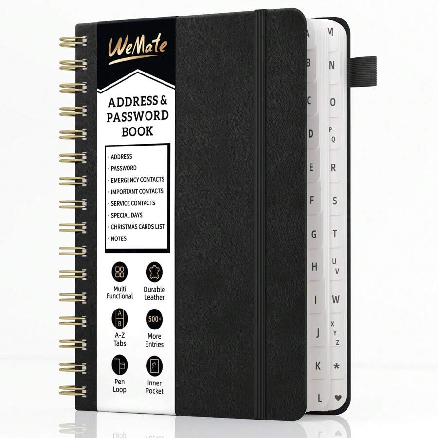 WEMATE Spiral Address Book With Alphabetical Tabs, Leather Password Book, Address Organizer Telephone Notebook Journal Keep Contact Safe Hardcover Large Print For Seniors Home Office 5.8″*8.2″ - 黑色 - 查看 1