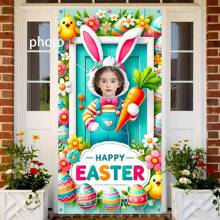 1pc Customized Easter Backdrop Banner, Adorable Rabbit Pattern, Happy Easter Text, Easter Party Decor, Daily Decoration, 70.8*35.4 Inches