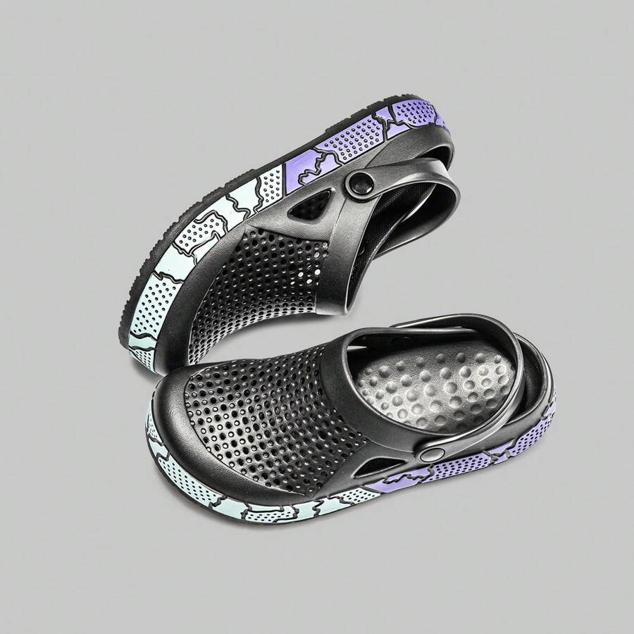 Men's Anti-Slip Lightweight Breathable EVA Casual Slippers, New Style Painted Pattern Open-Toe Thick Sole Dual-Wear Sandals, Comfortable Design, Outdoor Style Breathable Sandals, Suitable For Sports Enthusiasts, Beach-Goers And Water Activities, Multi-Color High-Aesthetic Slippers - Black - View 1