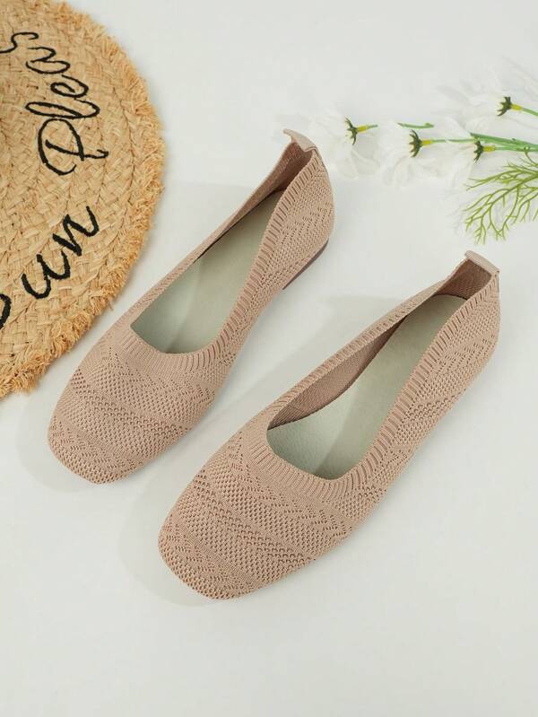 Classic Gold Square Toe Flat Knitted Breathable Comfortable Casual Loafers, Outdoor Sports, Spring/Summer