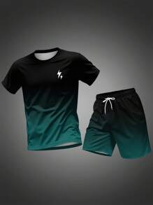Men's Summer Ombre Round Neck Short Sleeve T-Shirt And Drawstring Shorts Set