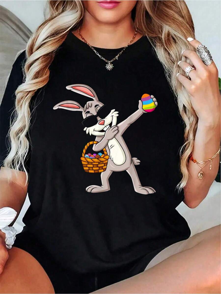 Dabbing Rabbit Easter Day Eggs Dab Boys Girls Kids Otton Printed T-Shirt For Summer, Soft Women's Short Sleeve Top, Fashionable And Comfortable Graphic Tee