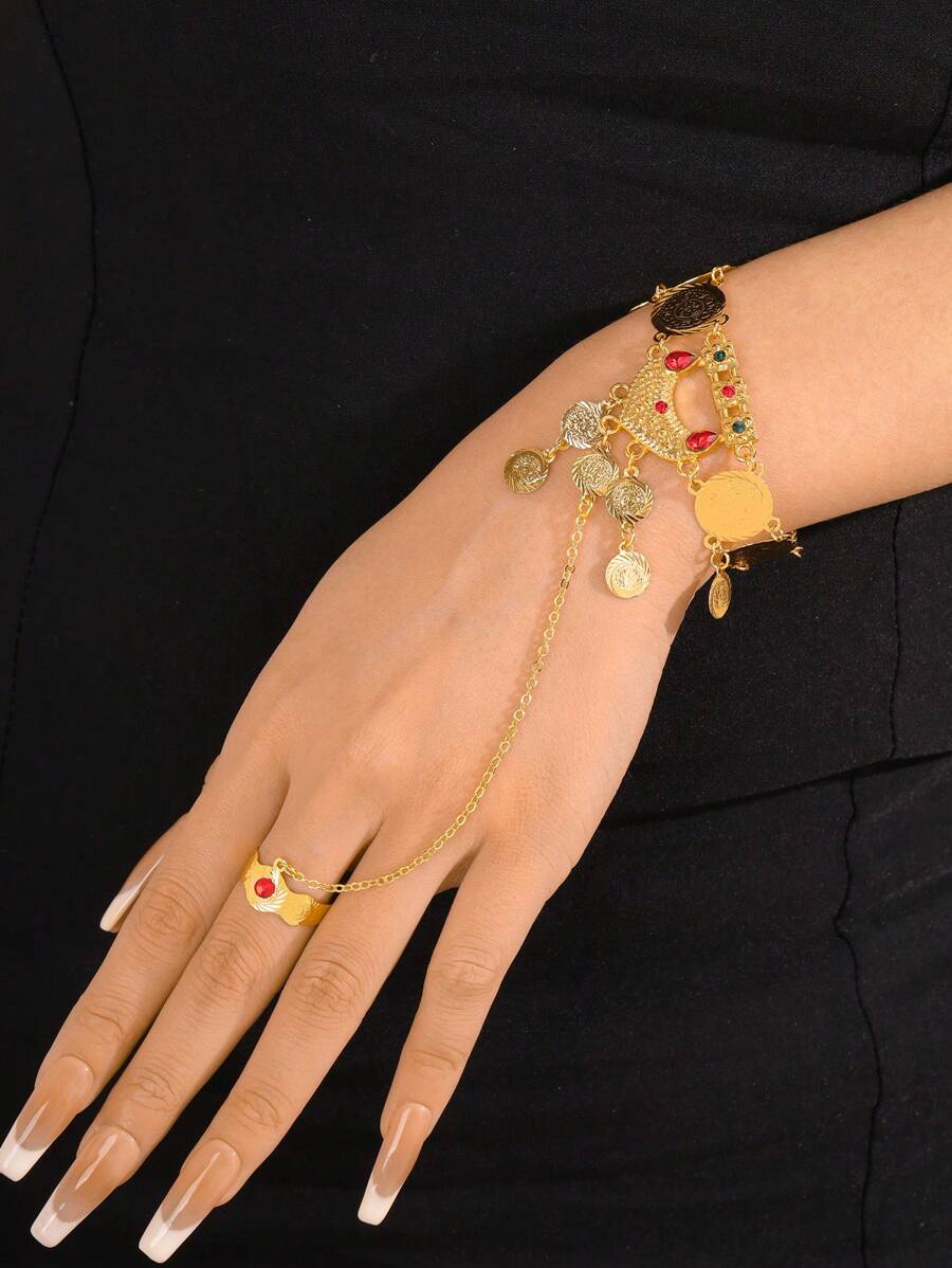 1pc Retro Geometric & Coin Rhinestone Decor Finger Ring Bracelet, Suitable For Women, Party, Wedding