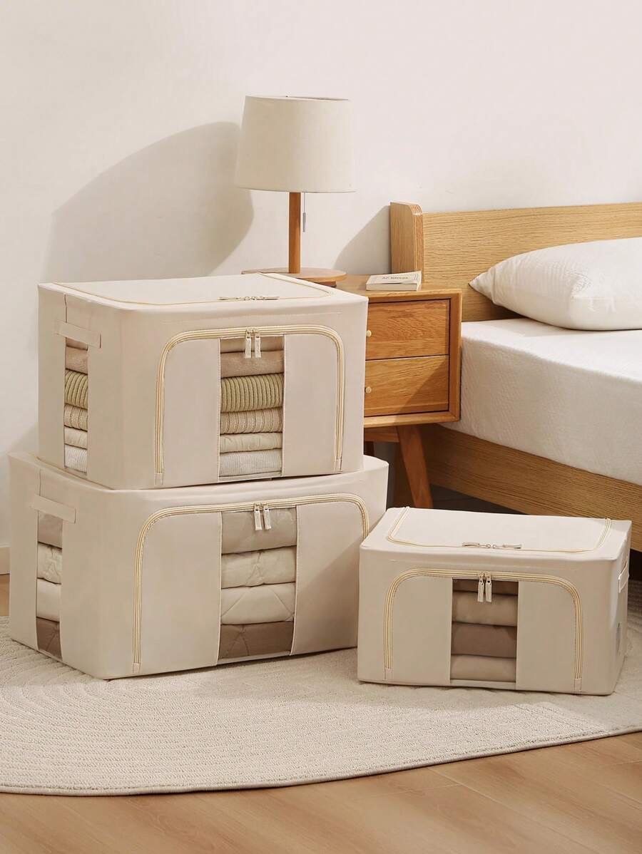 1pc 24L/66L Storage Boxes For Clothes - Clothes Storage Bins Clothes Storage Boxes Oxford Cloth Foldable Storage Container Large Household Storage Box With Built-In Solid Steel Frame Toys Blankets - Beige - View 1