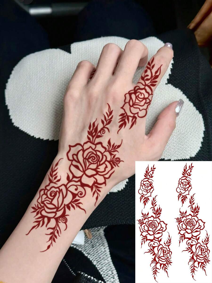 1pc Finger Tattoo Sticker With Plant Totem & Floral Pattern, Long-Lasting Temporary Tattoo, Waterproof PVC, Fashionable & Suitable For People - Red - View 1