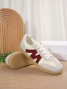 女士拼色舒适防滑圆头系带休闲运动鞋，芭蕾风格运动鞋，红色和白色，适合日常穿着、户外、春季、学生