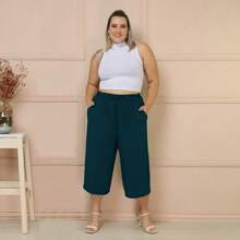 Women's Plus Size High Waisted Pantacurt With Elastic And Duna Pocket - 藏蓝色 - 查看 1