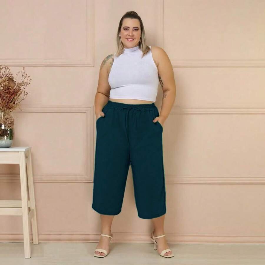 Women's Plus Size High Waisted Pantacurt With Elastic And Duna Pocket - 藏蓝色 - 查看 1