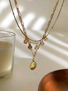 1 pieza Collar de globo con cadena de flores de acero inoxidable y cuentas, de lujo, moda de alta gama y elegante para mujeres
