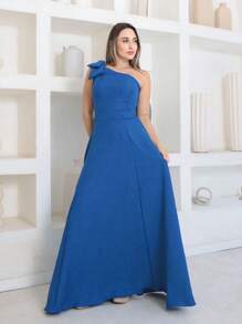 Victoria Long Luxury Dress Plain Duna Linen With Bow One Shoulder - Royal Blue - View 5