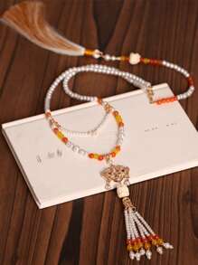 قلادة قديمة طويلة الشرشف، قلادة اللؤلؤ الصناعي على الطراز الصيني للسيدات، اكسسوارات حزب وأزياء عصرية، هدايا للأصدقاء المقربين - الذهبي - مشاهدة 5