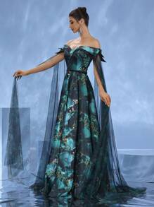 DELLA COUTURE Royal And Glamorous Dark Green Off The Shoulder Train Evening Gown, Wedding Guest Dress ​ Exquisite Floral Print Hand-Embroidered Beads Luxury Formal Wear For Weddings, Galas And Banquets Elegant Romantic Women's Party Dress Summer Collection - Dark Green - View 9