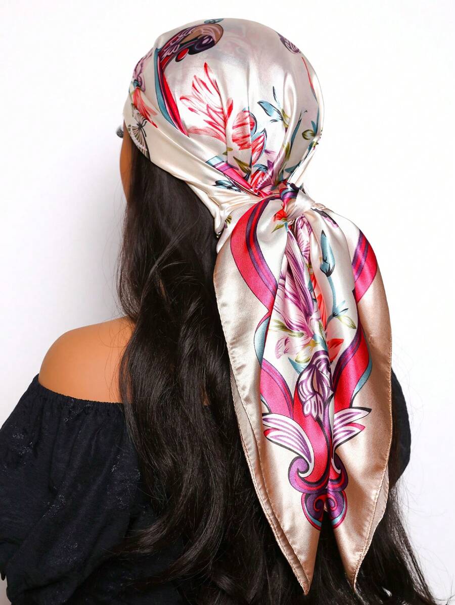 1 Pc Women 90cm Square Satin Scarf With Elegant Floral Print, Fashion Bandana Suitable For Casual And Street Styling As Scarf, Headband, Hair Accessory - Multicolor - View 1