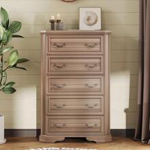 Farmhouse 48" Tall 5-Drawer Wood Dresser, Rustic Chest With Corner Bevel Shape, Closet Storage Organizer For Bedroom, Living Room, And Hallway - Quả óc chó xám - Xem 9