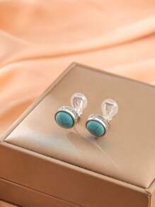 1 Pair Fashionable Crystal & Turquoise Round Clip On Earrings, Elegant Gift For Women, Suitable For Daily Wear