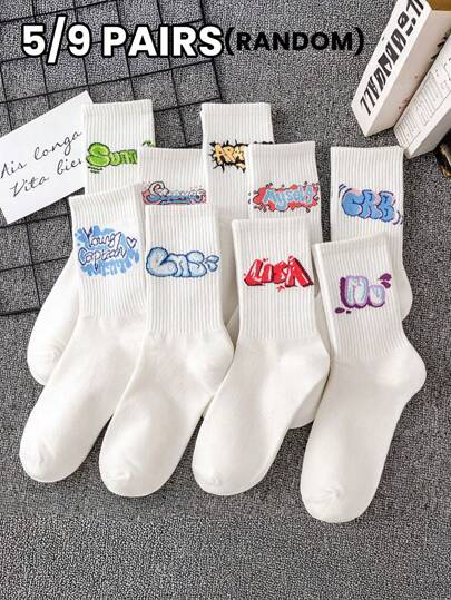 5/9 أزواج من جوارب الرجال والنساء بتصميم أبجدي وكرتوني عشوائي باللون الأبيض للاستخدام اليومي والرياضي، ماصة وقابلة للتنفس، متوسطة الطول، مناسبة للخريف