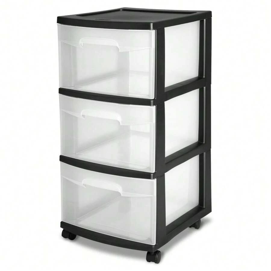 Drawer Style Storage Cart (2 Pack) 3 Drawer Plastic Cart, Black With Clear Drawers, Adult