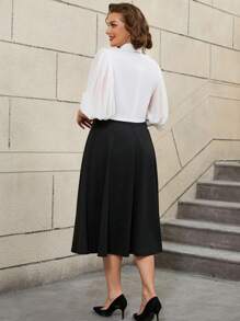 AOMEI Vintage Style Plus Size Dresses A Line Black White Color Block Lantern Sleeves Button Peter Pan Collar - Black - View 3