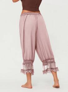 Women Lace Trim Long Bloomers Elastic Mid Rise Ruffle Pantaloons Cropped Flared Slips Pants Bottoms - Pink - View 4