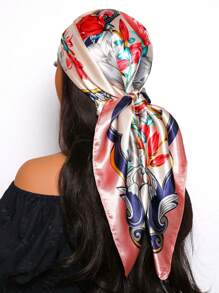 1 Pc Women 90cm Square Satin Scarf With Elegant Floral Print, Fashion Bandana Suitable For Casual And Street Styling As Scarf, Headband, Hair Accessory - Multicolor - View 7