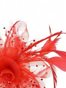 Fascinators Hat Flower Mesh Ribbons Feathers On A Headband And A Clip Tea Party Headwear For Girls And Women Valentine's Day Accessories - Red - View 4