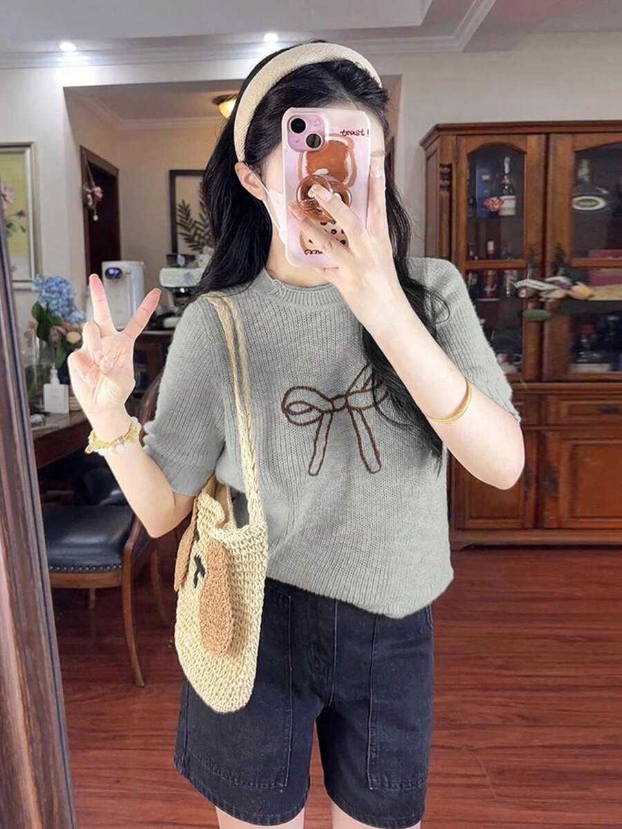 Women's Casual Bowknot Loose Knit Short Sleeve Top, Versatile For Commute, Summer Knit