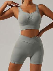 女士纯色瑜伽服套装运动胸罩内衣提臀短裤健身美体吊带塑身背心