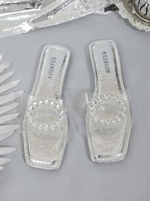 Women's Summer New Fully Rhinestone Crocodile Print Chunky Heel Sandals, Fashion Versatile Outdoor Beach Slippers