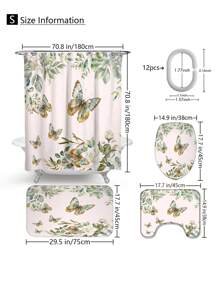 1pc/4pcs Floral Plant & Butterfly Functional Bathroom Decor Set, Includes Waterproof Shower Curtain With 12 Hooks, Anti-Slip Mat, U-Shaped Toilet Mat And Round Toilet Lid Cover, Suitable For All Bathroom Scenes