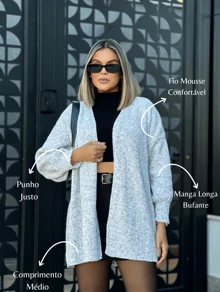Women's Basic Knitting Mousse Puff Sleeve Cardigan - Camel - View 2