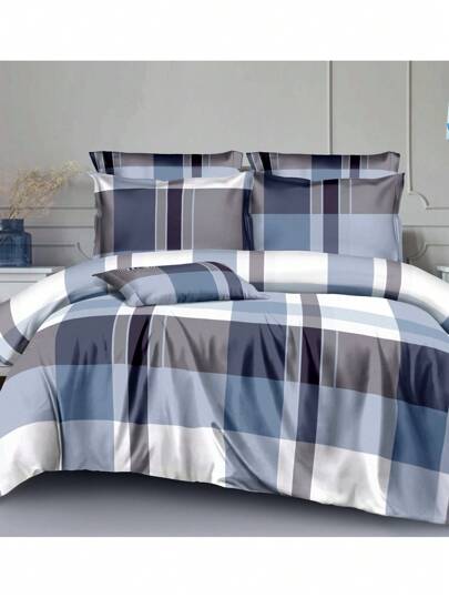 Conjunto de cama estampado xadrez azul-cinza, nova edição primavera e outono