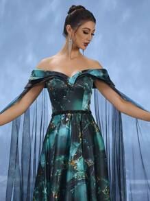 DELLA COUTURE Royal And Glamorous Dark Green Off The Shoulder Train Evening Gown, Wedding Guest Dress ​ Exquisite Floral Print Hand-Embroidered Beads Luxury Formal Wear For Weddings, Galas And Banquets Elegant Romantic Women's Party Dress Summer Collection - Dark Green - View 6