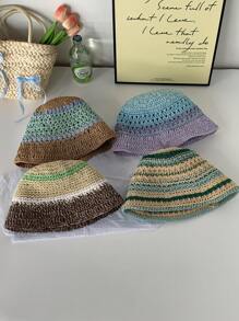 1 件女士手工编织镂空草帽，夏季防晒海滩度假遮阳帽，透气渔夫帽，修饰脸型 - 草編漁夫帽 - 查看 2