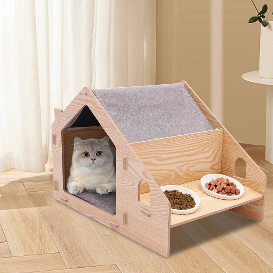 Rainaut Cat House For Indoor Cats - Wood Pet House Cat Cave With Mat, Cat Condo, Cat Stool, Pet Bed, Storage Ottoman Foot Rest Stool With Cushion, Cube House, 58*41*40cm/22.8*16.1*15.7inch - Log Color - 查看 1