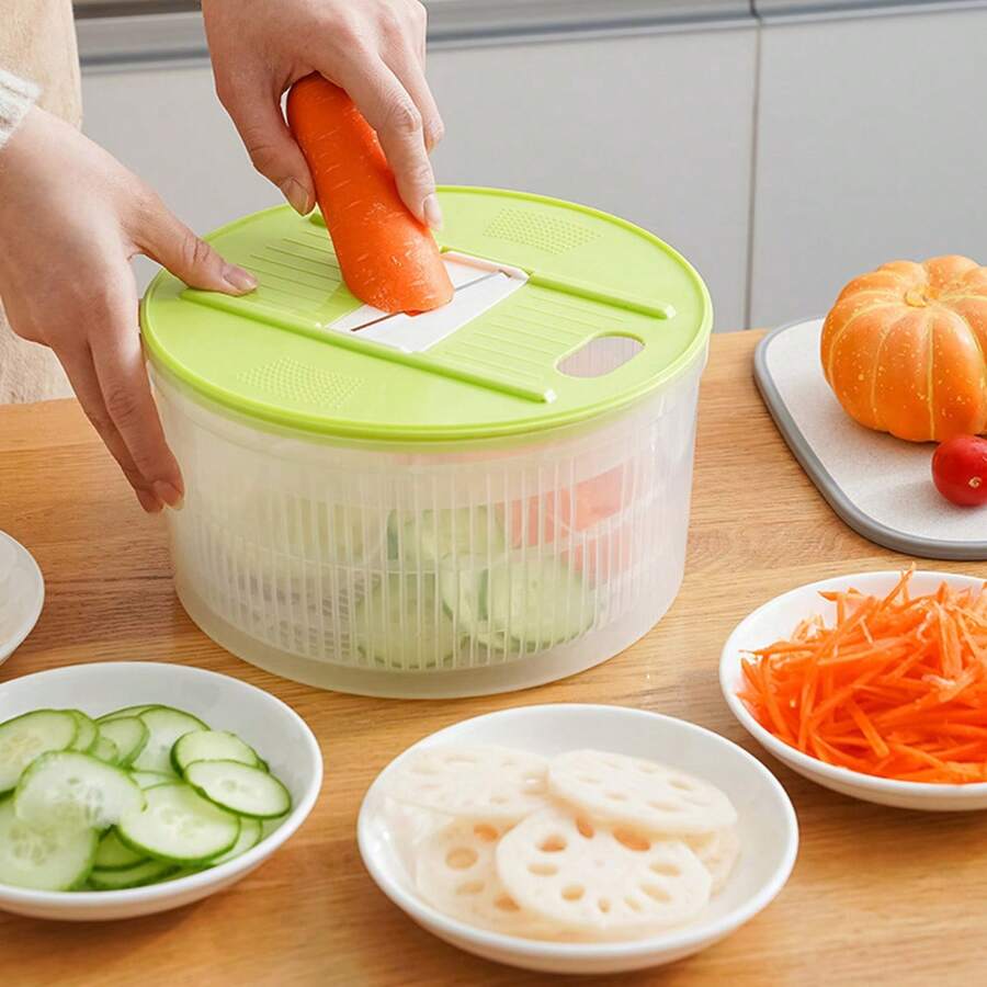 Trancheuse et essoreuse de fruits et légumes 2 en 1 avec récipient, essoreuse à salade avec égouttoir, panier d'égouttage, hachoir multifonction pour légumes, hachoir à oignon, râpe à pomme de terre, fournitures de cuisine et ustensiles de cuisine