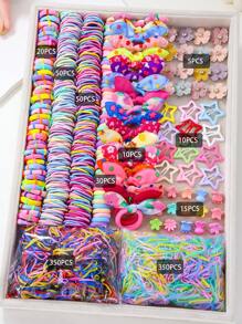 890pcs/Pack Kids Pink Heart & Bow Decor Hair Clips, Hairbands, Ponytail Holders, Hair Accessories, Everyday Use And Gift