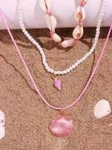 3pcs/Set Pink Starfish & Shell Beaded Necklace, Beach Vacation Style Women Jewelry - Multicolor J - View 3