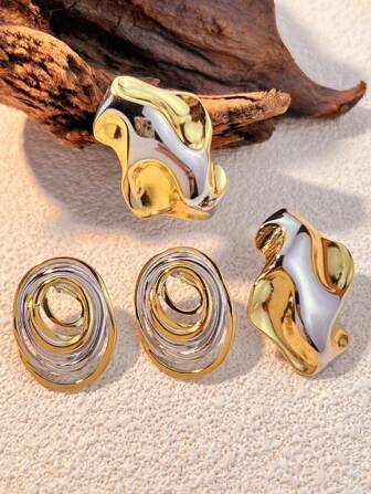 1 Pair Stainless Steel Unique Shape Exaggerated Design Earrings, Bicolor High Quality Titanium Stud Earrings For Women, No Discoloration, Suitable For Daily, Festival, Date Occasions, Fashion Accessory