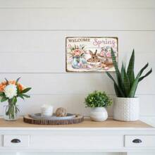 2D Rustic Farmhouse Metal Tin Sign, 8x12 Inch - Vintage Easter Bunny & Rose Tea Design, Iron Wall Decor For Kitchen & Home, Ideal For Spring Season Festive Decor