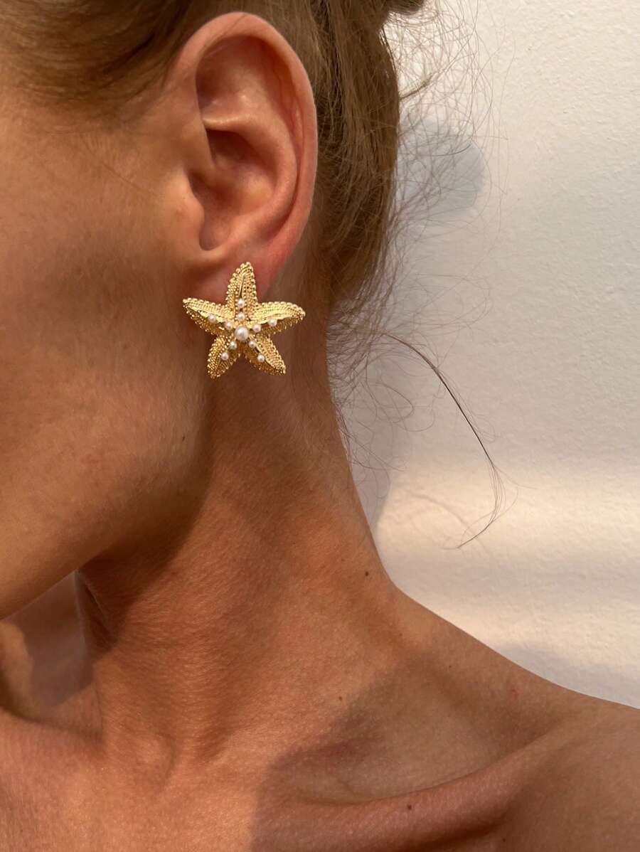 1 Pair Retro Elegant Fashion European & American Style Faux Pearl Decor Earrings, Metallic Gold Starfish Beach Style Stud Earrings, Suitable For Women's Daily Wear, Beach Vacation Jewelry, Gift For Girlfriends